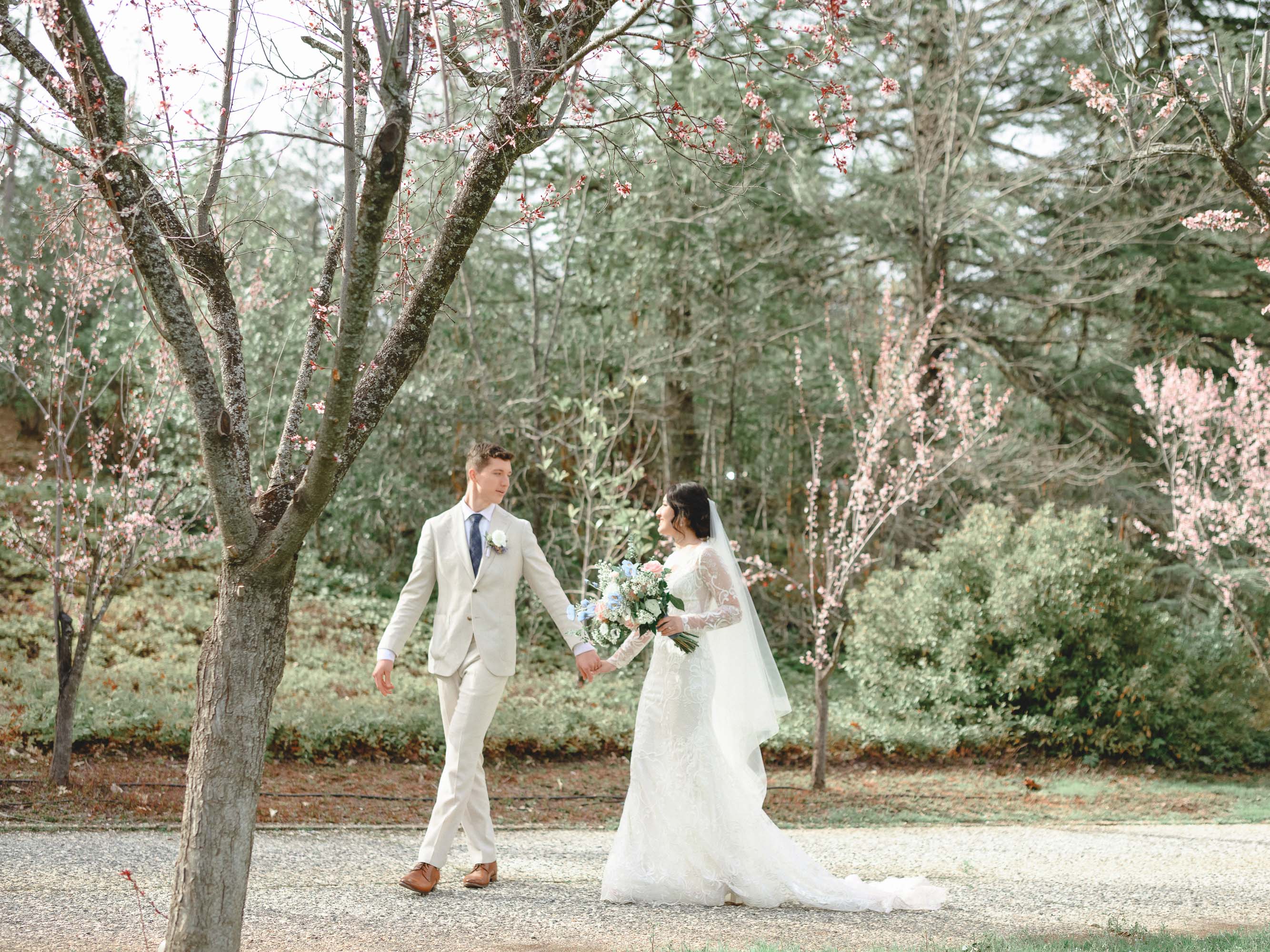 A bride and groom walking down a path with blossoming trees.